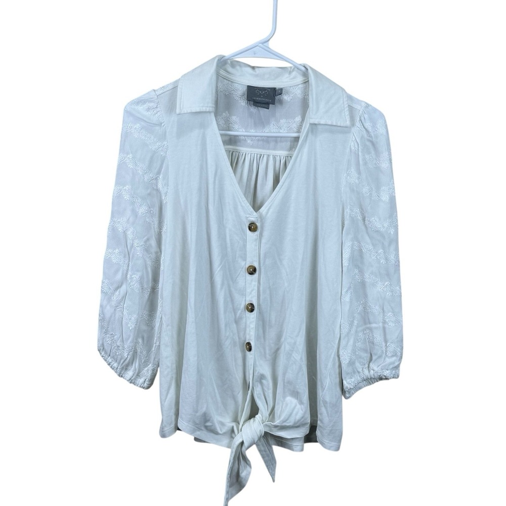 Vanessa Virginia Womens Knit Top‎ XS Tie Waist White Peasant Boho Anthropologie